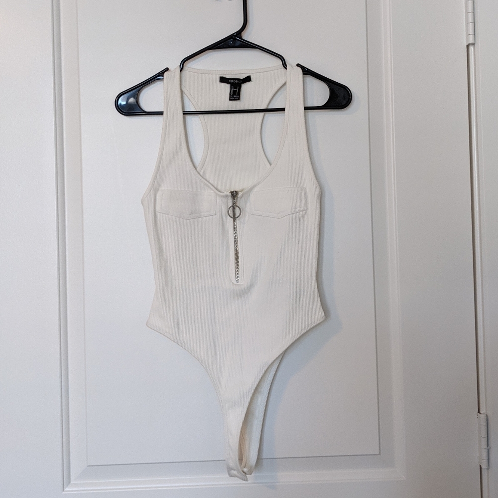 NWOT Forever 21 White Zip Up Bodysuit S
